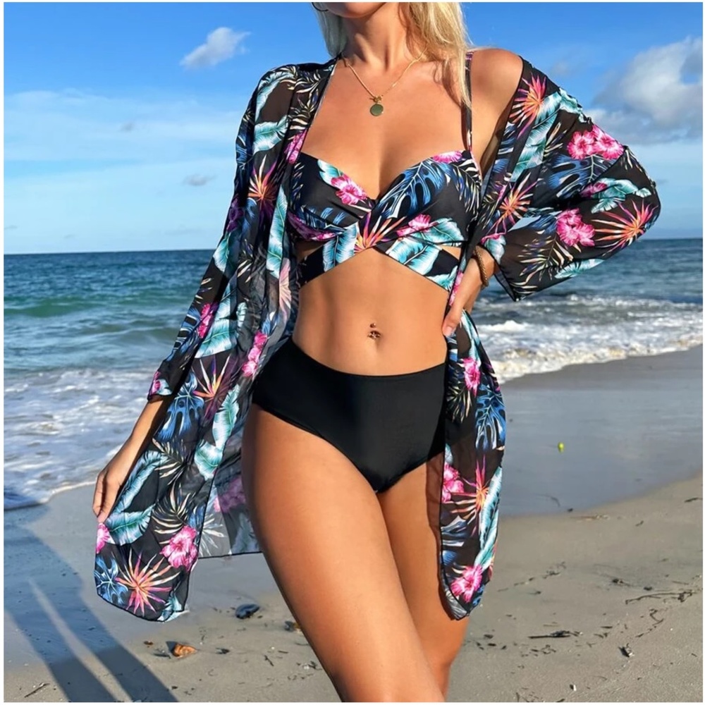 Floral Tropical Print Cut out High Waisted Bikini Kimono Beach - Picture 2 of 7